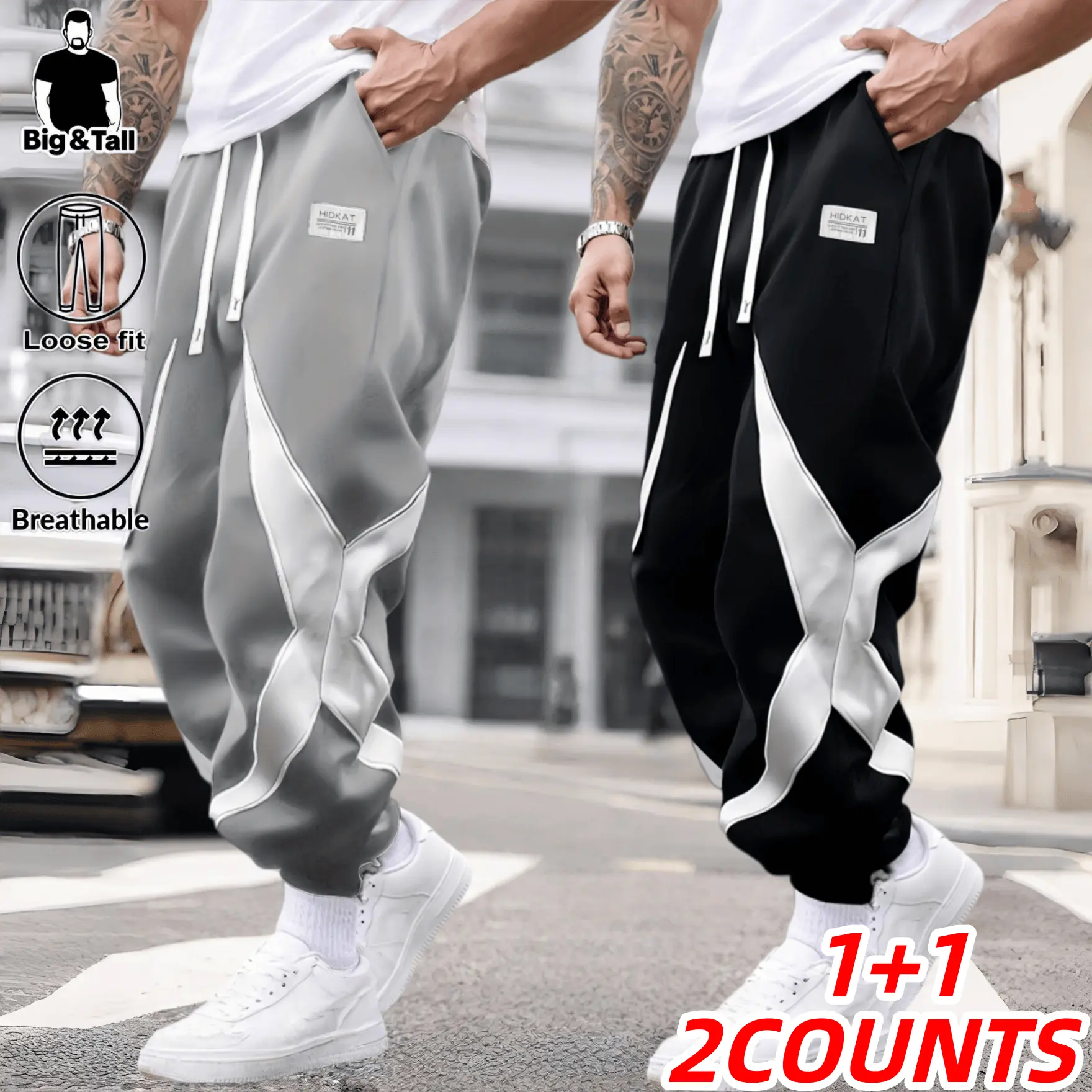 Big & Tall Plus Size Men’s Color Block Jogger Pants, Loose Fit Streetwear Sweatpants with Drawstring Cuffs, Lightweight Casual Contrast Stripe Athletic Joggers Single Piece，athleisure wear，stained baggy sweatpants，stained baggy sweatpants