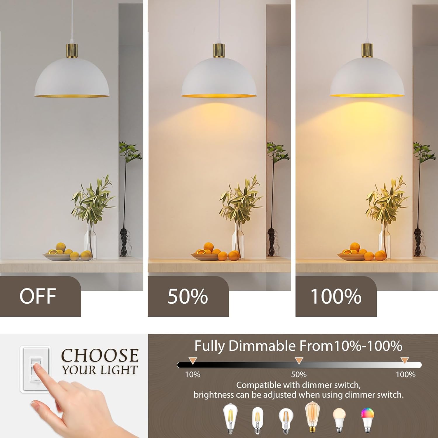 White Gold Pendant Lights Kitchen Island, 11.8" Modern Dome Farmhouse Hanging Lighting for Dining Room Hallway Entryway