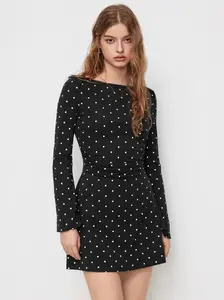 Cider 95% Cotton 5% Elastane Boat Neck Polka Dot Ruched Bell Sleeve Mini Dress