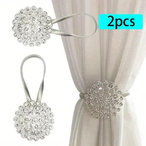 2PCS Magnetic Curtain Tiebacks, Magnetic Crystal Decorative Drapes Curtain Clips Buckle, Flower Curtain Tie Back, European and American Style