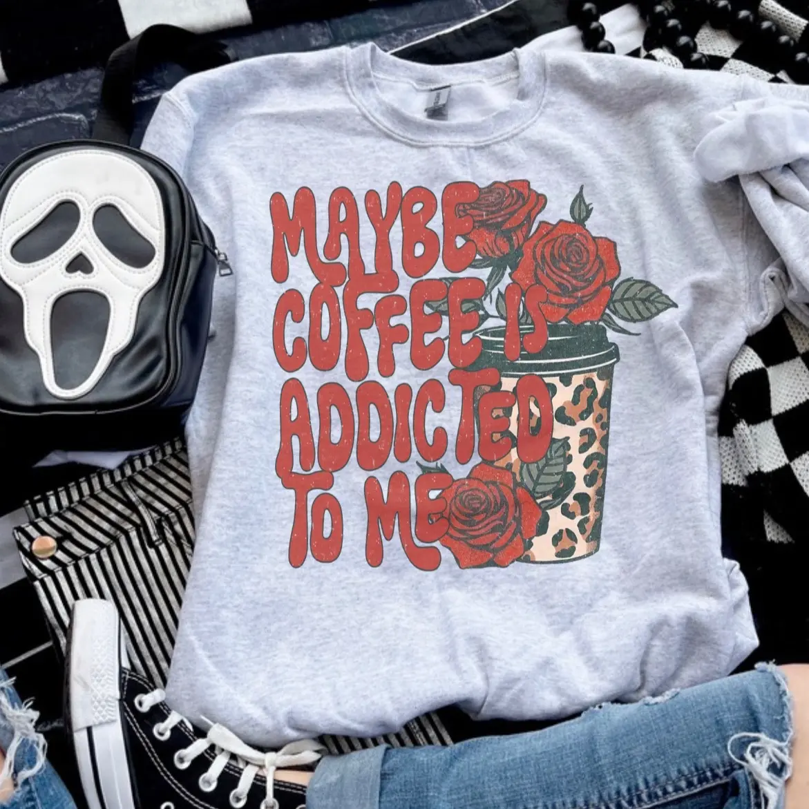 Unisex Minimalist Jersey Sweatshirt - Ash Grey Sublimation, Love-Inspired "Maybe Iced Coffee Is Addicted To Me" Petty Design, Long Sleeves Women's Hoodie Clothing