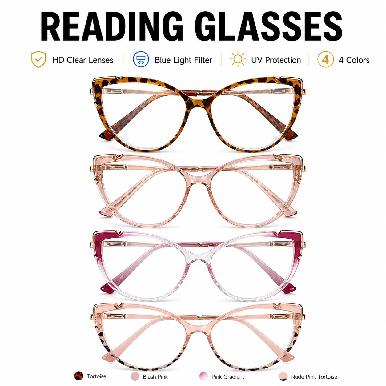 Blue Light Blocking Reading Glasses for Women & Men, HD Clear Lenses with UV Protection, Stylish Cat Eye Frames, 4-Color Options for Outdoor Use