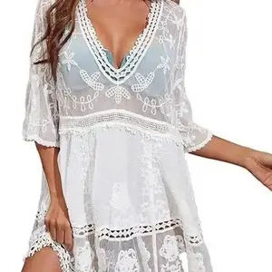 Women's Contrast Lace Bathing Suit Cover Up V-Neck Swimsuit Coverups Loose Swimwear Beach Dress Beachwear