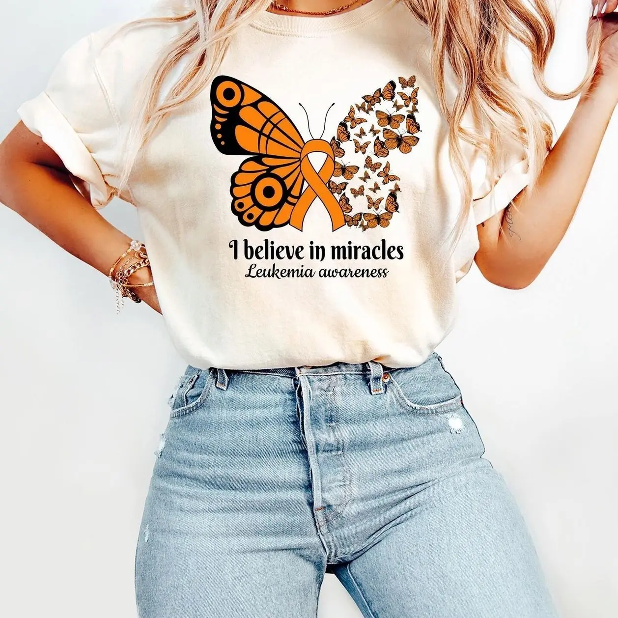 Leukemia Cancer Awareness Shirt Orange Ribbon Support Unisex Gift Tee 3
