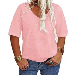 lmily Bela Womens Plus Size XL-5XL Tops Summer Short Sleeve V Neck T Shirt Loose Casual Tunics Blouses