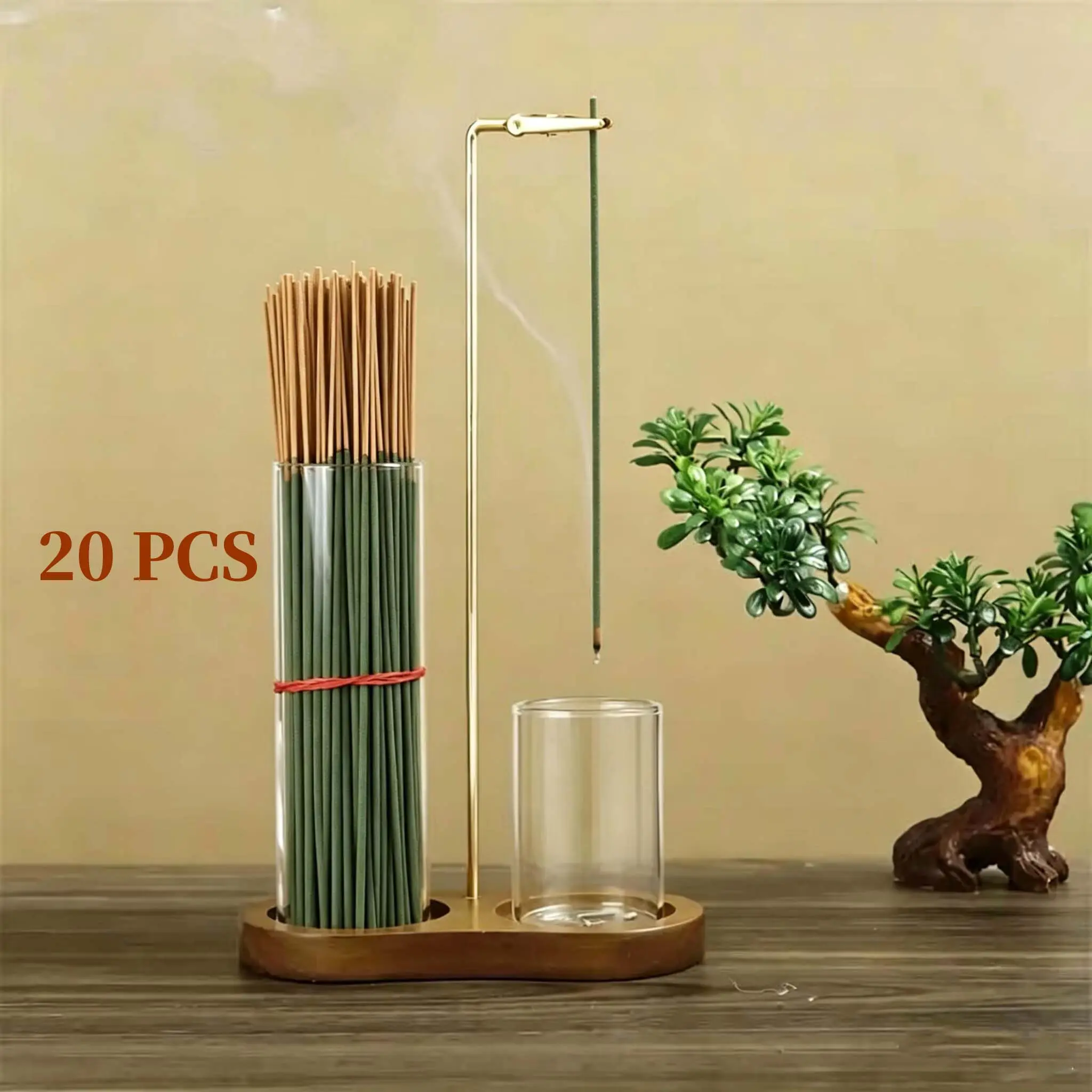 2-in-1 Wooden Aromatic Incense Holder & Candlestick with Removable Glass Ash Collector, 20 Sage Scented Sticks, Sandalwood Fragrance Decor for Living Room, Bedroom Incense Accessory, Aromatic Incense Holders herbal diffuser incense Woody