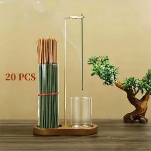2-in-1 Wooden Incense Burner & Candlestick with Removable Glass Ash Collector, 20 Sage Aromatherapy Sticks, Sandalwood Scent Home Fragrance Decor for Living Room, Bedroom