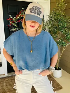 Entro Denim Daze Bubble Crop Top - Blue Woven Fabric with Keyhole Closure & Lined Design - Lightweight Pullover for Women