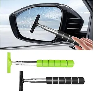 2PCS Car Rearview Mirror Wiper, Retractable Side Mirror Squeegee with Telescopic Long Rod, Mini Portable Cleaning Tool for Rainy Foggy Weather, Universal Car Accessories (Upgrade Green+Black)