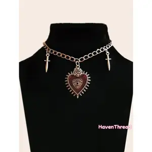 Retro Gothic Heart-shaped Rose Decoration Pendant Necklace, Vintage Double Sword Chain & Link Clavicle Chain, Y2k Party Fashion Jewelry Accessory (Sports & Outdoor Fan Shop Gaming Accessory)
