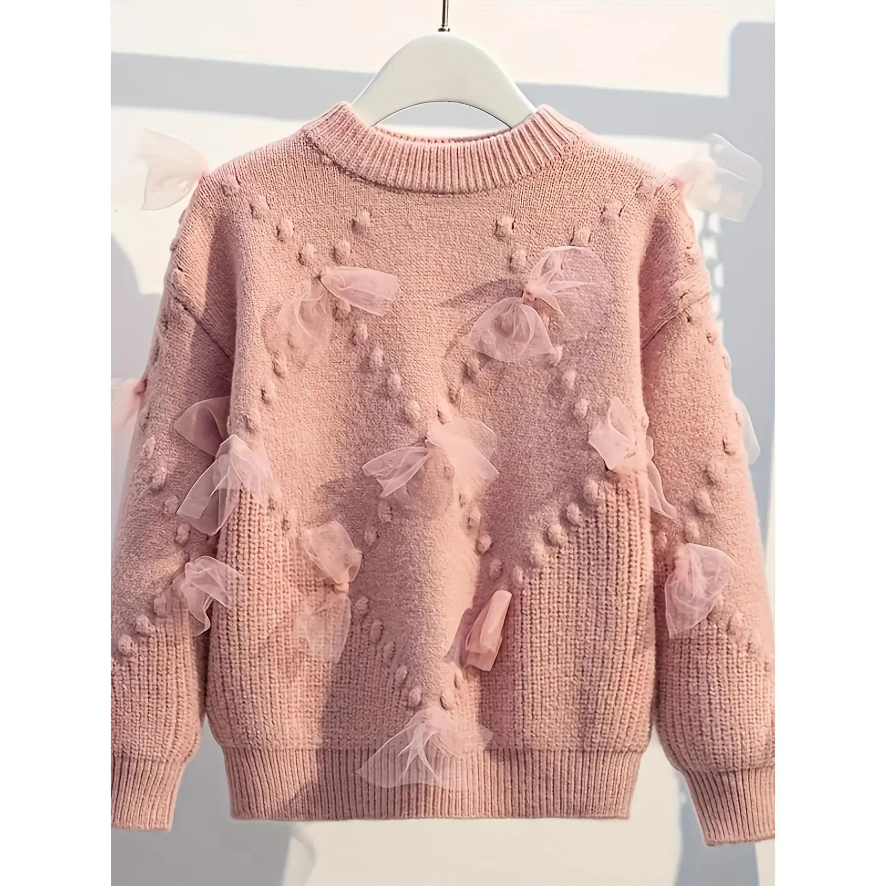 (New) Cute Girls' Thick Winter Sweater - Fashionable Mesh Patchwork Pullover, Stylish Knit Base Layer Top for Kids' Winter Wear, Cute Girls' Sweaters