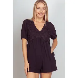 VERY J Lace Detail Puff Sleeve Romper with Pockets Comfort Cotton Womenswear Style Hip Short Solid Overalls Suits Underwear Woven