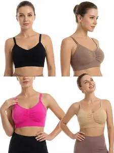 4 Pack Plus Size Wirefree Bras for Women – Bralette, Soft, Comfortable Everyday Support, Seamless & Stretchy, Ideal for Work, School, Home & Casual Wear – Black Brown Fuchsia Beige