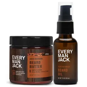 Every Man Jack Beard Oil & Beard Butter Bundle - Aged Bourbon Fragrance - Rejuvenates Hydrates Styles Dry Beards - Naturally Derived with Cocoa Butter and Shea Butter