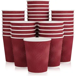 60 Pack 12 oz Paper Coffee Cups,  Red Disposable Beverage Cups with Insulated Ripple Wall for Coffee, , and Hot