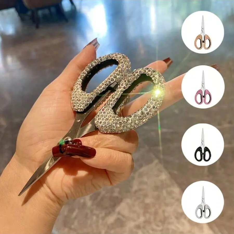 Luxury Diamond Embellished Scissors, Decorative Cutter, Portable Stainless Steel Paper Cutting Knife, Office Home Use, Wedding Birthday Party Gift, Office Gadgets, Multifunctional Stationery