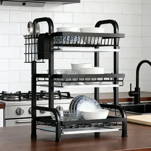 Sturdy Carbon Steel Kitchen Storage Rack, Dish Drying Organiser, Dual/triple Layer Design, Space-Saving, Durable Weight Capacity, Ideal for Small Spaces