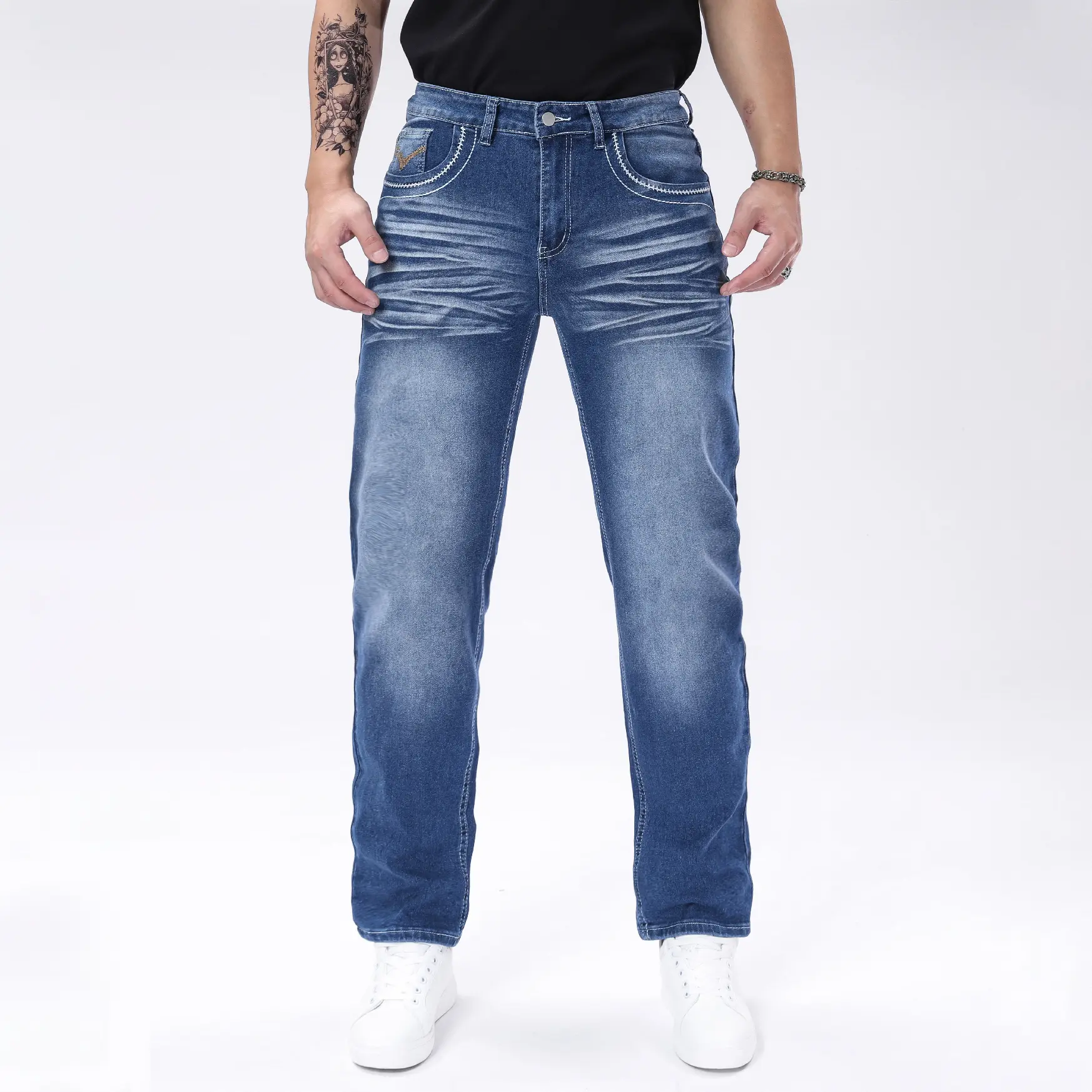 Men's Classic Washed Multi-Color Embroidered Cowboy Jeans, Slim Straight Fit Chunky Drape Stretchy Breathable Premium Denim, Contrasting White Stitching, Western Retro Street Style Menswear All-Season Long Pants, Embroidery, Gradient