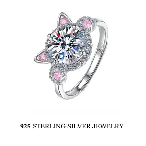 S925 Sterling Silver Cat Ring for Women, 2 Carat Zircon, Pink Cat Paw Accents, Adjustable Open Band, Hypoallergenic, Cute Kitty Jewelry Gift for Girlfriend