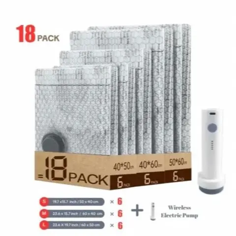 Reusable Compression Space Saving Vacuum Storage Bags (9/18 Pack, 19.7*23.6in) - 18bags+1pump, Cordless Rechargeable Air Pump (4000pa Suction, 140l/min Airflow), Waterproof, Carry-On Size for Luggage, Bedroom Organization
