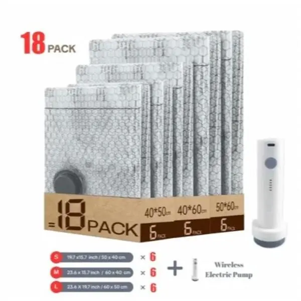 Reusable Compression Space Saving Vacuum Storage Bags (9/18 Pack, 19.7*23.6in) - 18bags+1pump, Cordless Rechargeable Air Pump (4000pa Suction, 140l/min Airflow), Waterproof, Carry-On Size for Luggage, Bedroom Organization