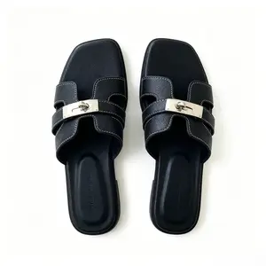 Viral 2026 Summer Sandals Women Black Flat Slide Sandals with Silver Buckle Square Toe Comfortable Non-Slip Casual Dressy Sandals for Beach Vacation Daily Wea dressy flat sandals, faux leather slide sandals , easy to clean sandals, wide fe