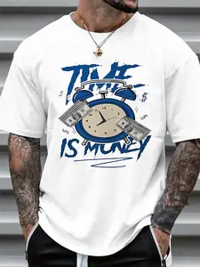 Men's 'time Is Money' Clock & Money Print Loose T-Shirt, Street Style, Inspirational Urban Fashion, Suitable for Work & Daily Wear