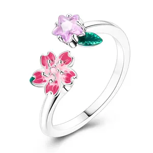 NARMO rotating cherry blossom ring, 925 silver inlaid with sparkling glass stones, unique floral adjustable open ring, is a perfect gift for birthdays, anniversaries, Valentine's Day, and the Spring Festival