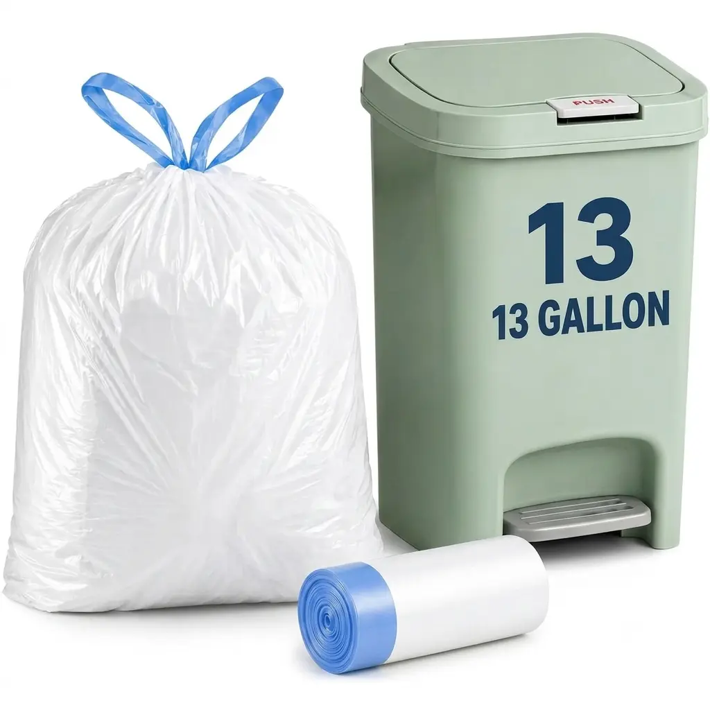 13 Gal Drawstring Trash Bags, 1.1 Mil Thick, Unscented, 50 Count (1 Roll) - Individually Separated, Easy-Pull, Tear-Resistant for Bathroom, Kitchen & Office Cans