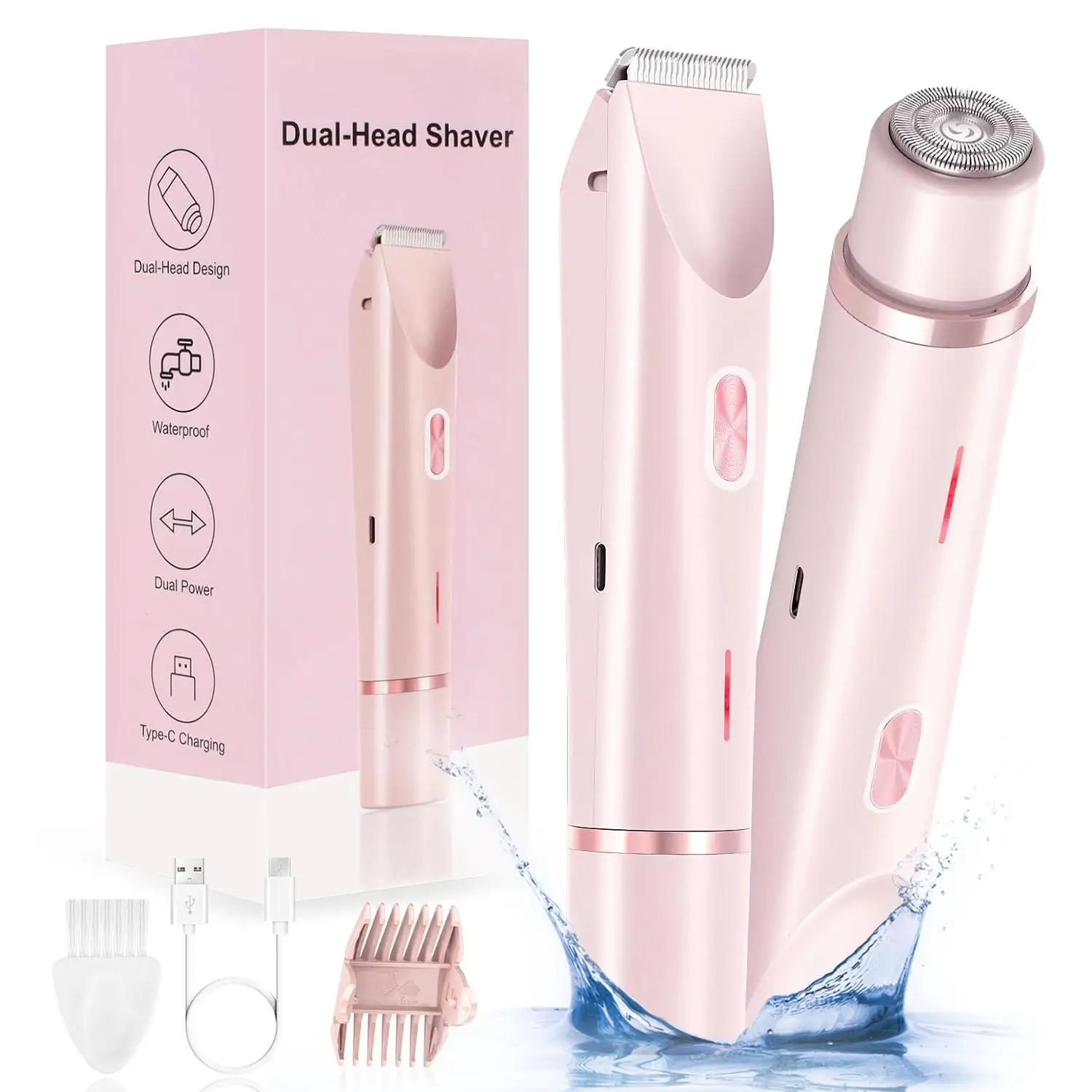 Bikini Trimmer for Women, Electric Shaver and Razor Rechargeable 2-in-1/3-in-1 Body and Facial Epilator, Dual Heads for Painless Trimming of Pubic Hai