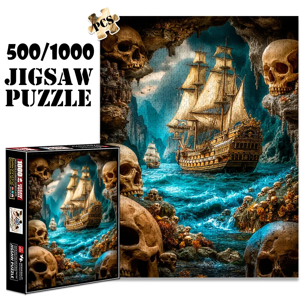 1pc 1000 piece adult puzzle 70x50cm Pirate Ship in Cave with Skulls and Ocean Waves 500 pieces of paper jigsaw puzzle, suitable for adults and families, large-scale DIY puzzle interactive toy game