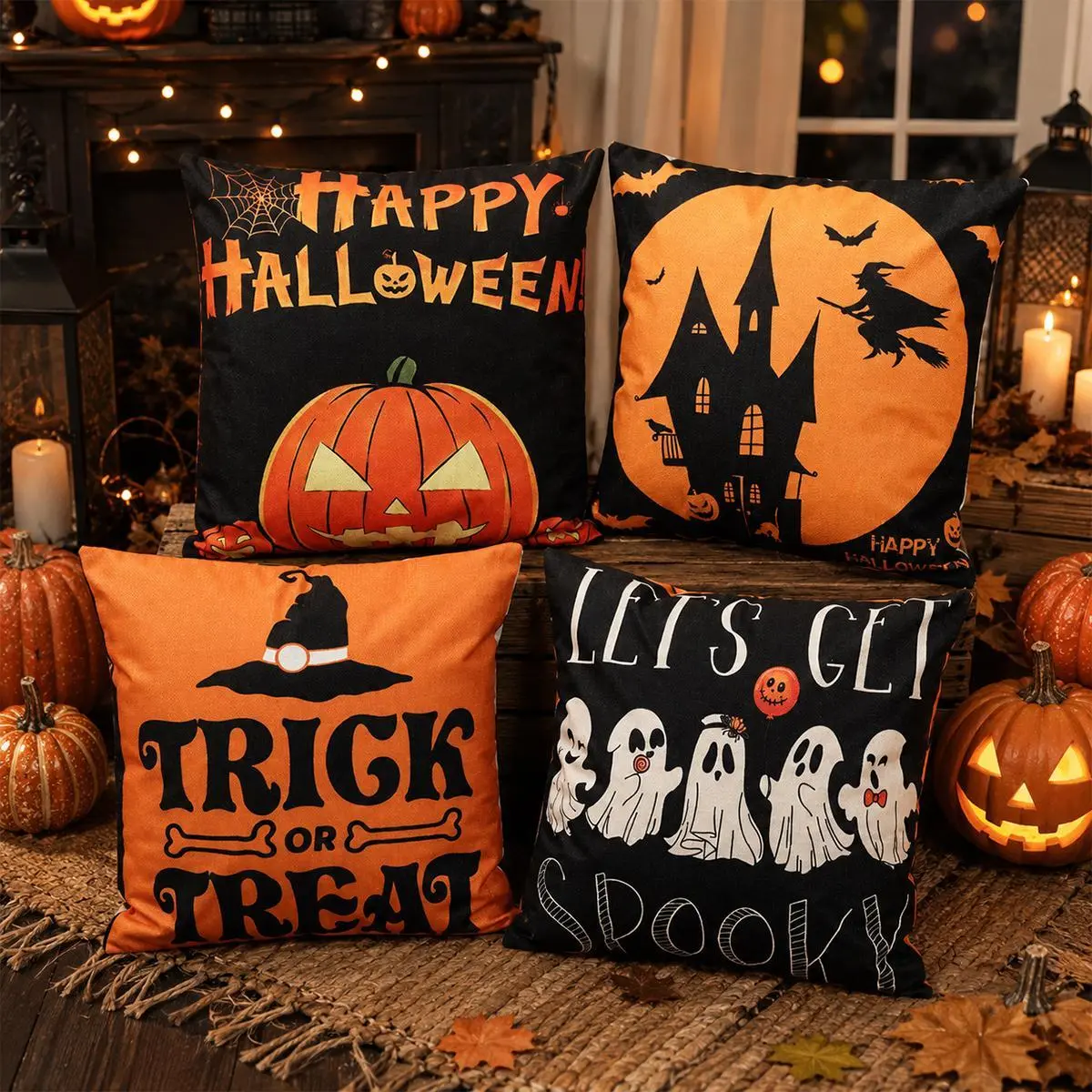 Halloween Natural Linen Throw Pillow Covers 18x18 Set of 4, Double-Sided Assorted Pumpkin-Ghost-Black Cat-Witch Hat Designs, Washable Cushion Cases with Hidden Zipper, Fall Home Décor for Couch Sofa (Insert Not Included)