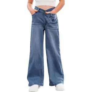 Girls Flare Jeans Crossover Waisted Wide Leg Jeans Denim Pants for Kids