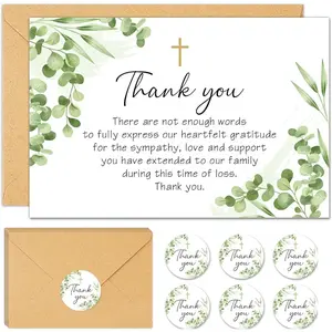 50Pack Sympathy Thank You Cards, Green Leaf Cross Design, Comes with Envelopes & Seal Stickers, Bereavement Condolence Cards for Memorial Service & Celebration of Life