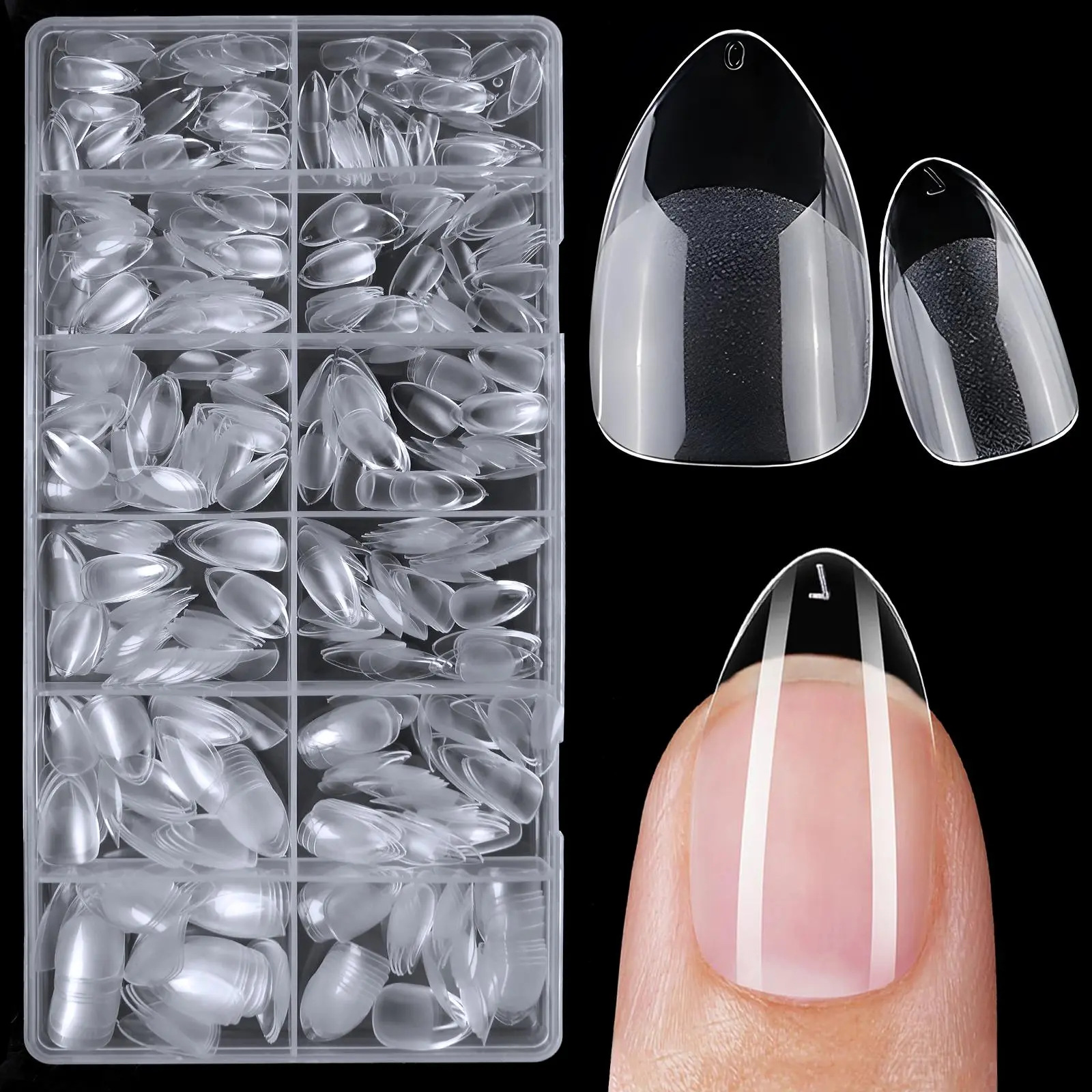 Almond Fake Nail Tips, 1 Box Clear Short False Nail Tips, Full Cover Soft Gel Artificial Fingernails for Gel Acrylic Nails Extension, Nail Kit, Nail Extension Set, Fake Nails Extensions