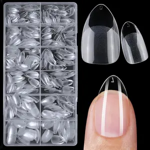 Almond Fake Nail Tips, 1 Box Clear Short False Nail Tips, Full Cover Soft Gel Artificial Fingernails for Gel Acrylic Nails Extension, Nail Kit, Nail Extension Set