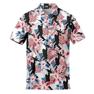 Bigfoot Hawaiian Golf Polo Shirt for Men – American Flag Print Funny Patriotic Summer Polo