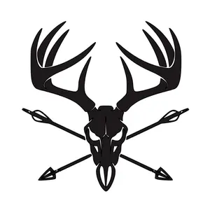 Deer skull broad head bow arrow hunt vinyl car truck sticker decal. Great for any outdoor man, woman, adult, or youth that loves hunting. Great for waterfowl enthusiasts! Camo blind decoy swamp feet hanging we banging deer hog elk moose arrows mount
