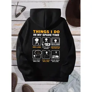 Men's BBQ Grilling Party Hoodie - Long Sleeve Hooded with Barbecue Theme Print - Funny Leisure Time Design - Casual Streetwear Outfit