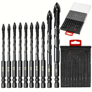 [Drill Bits | Tungsten Carbide] 10pcs Concrete Drill Bit Set | 3/16"-1/2 Masonry Drill Bits for Brick, Glass, Plastic and Wood | Tungsten Carbide Tip Work with Ceramic Tile, Wall Mirror