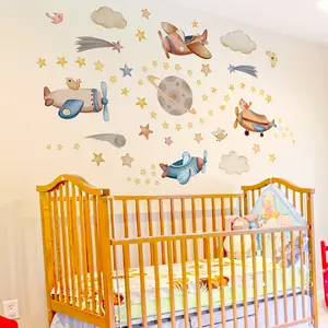 A set of 2 pieces (30*60cm*2pcs) hand-painted airplane, planet and star wall stickers for living room, bedroom and home background decoration Decorative Wall Sticker BM7546-NL