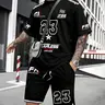 Two-Piece Set Men's Sports Letter Print Short Sleeve T-shirt & Track Shorts Set, Regular Fit Casual Round Neck Tee & Shorts, Men's Summer Clothes Outfit Casual Clothing Set Menswear