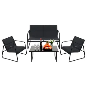 4 Piece Patio Furniture Set, Outdoor Conversations Sets for Patio, Lawn, Garden, Poolside with a Glass Coffee Table, Heathered Grey Fabric with Black Frame Courtyard furniture set, outdoor courtyard furniture reception set with table