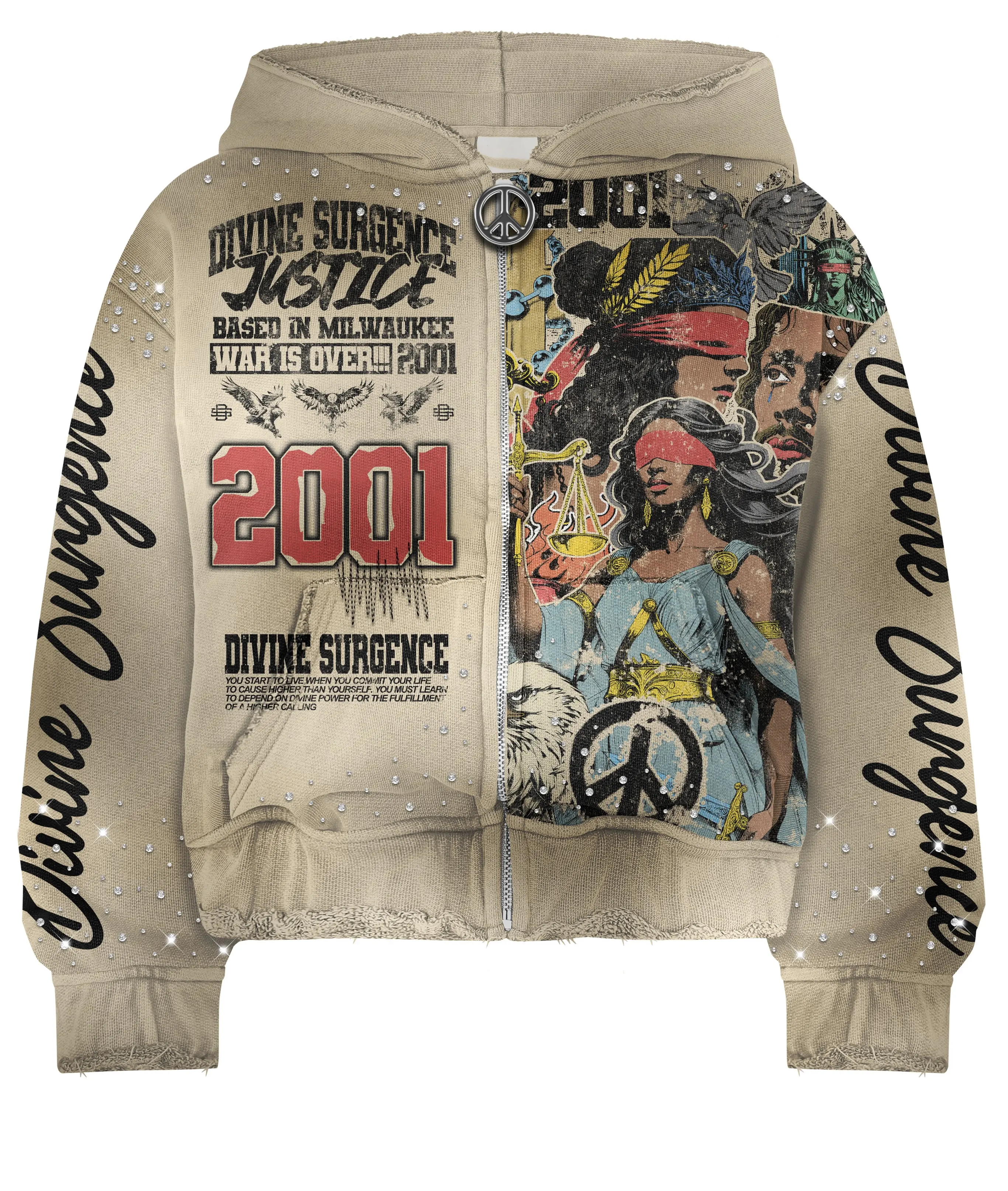Divine Justice Hoodie - Oversized Tan Color with 2001 Design & Divine Surgence Text - Comfortable Stylish Graphic Hoodie for Everyday Wear Black Jacket with Rhinestones & Angelic Look