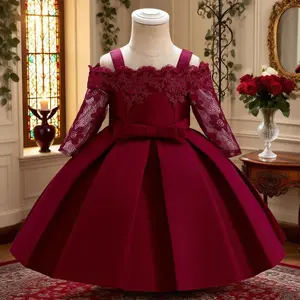 New5083 Girls' lace satin A-line dress elegant party wear solid color with waist bow detail suitable for special occasions