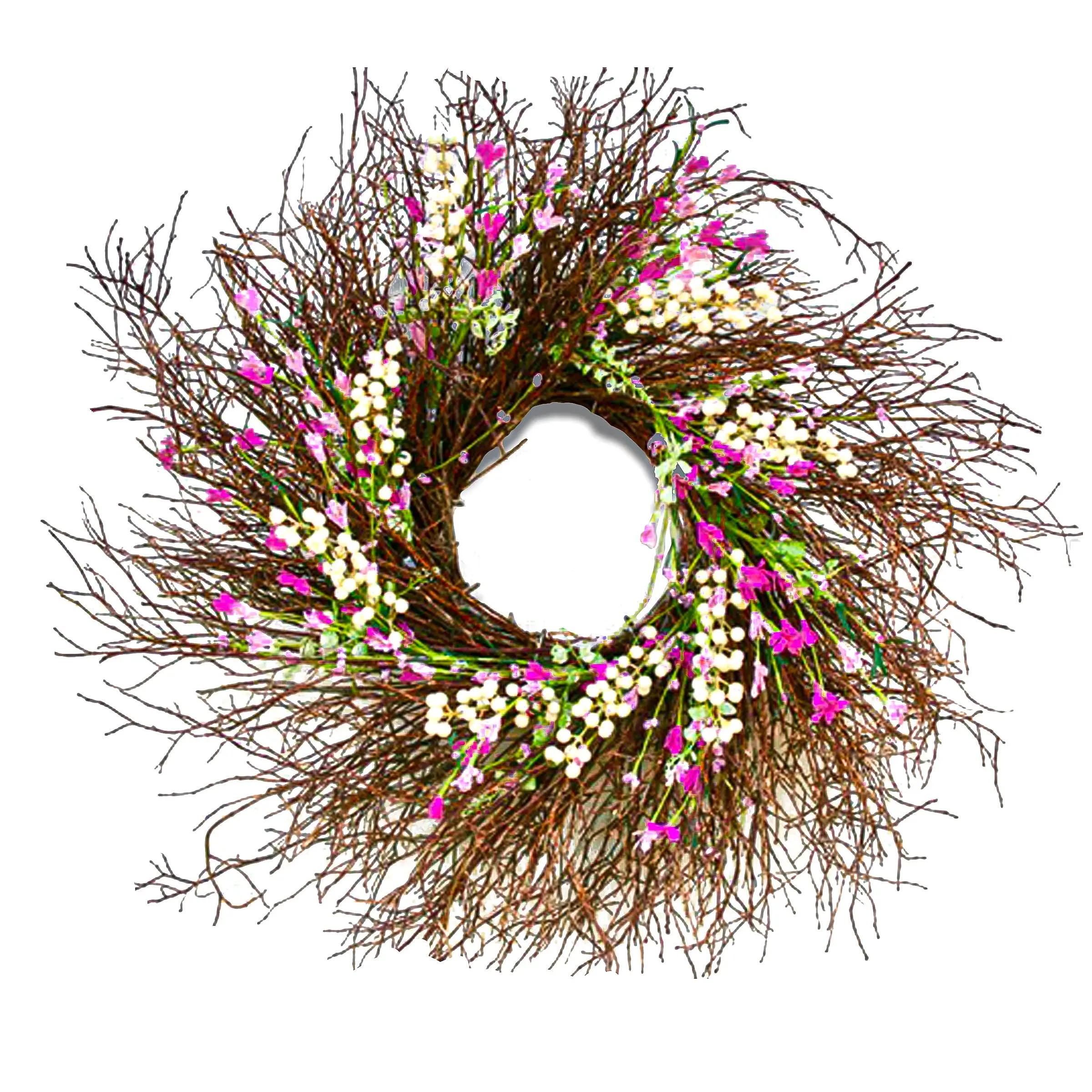 24 in. Spring Wreath with Dark Pink and Cream Forsythias, Swirl of Bristle Twigs