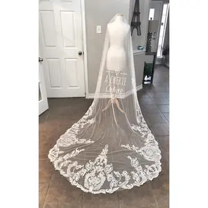 Bridal Lace Drop Veil - Cathedral Style with Scroll Lace Edge, Trailing Veil for Wedding Fashion Accessories