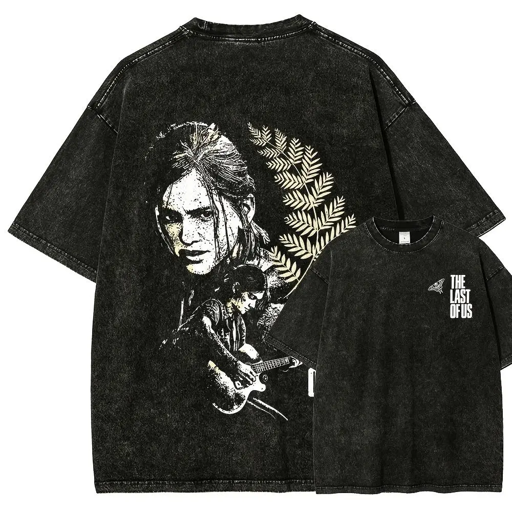 Men's The Last of Us Inspired Graphic T-Shirt - 230G Vintage Washed Heavyweight Cotton, Relaxed Fit Short Sleeve Crew Neck Streetwear, Classic Grey Cargo-Inspired Shade Menswear Top (All Seasons)