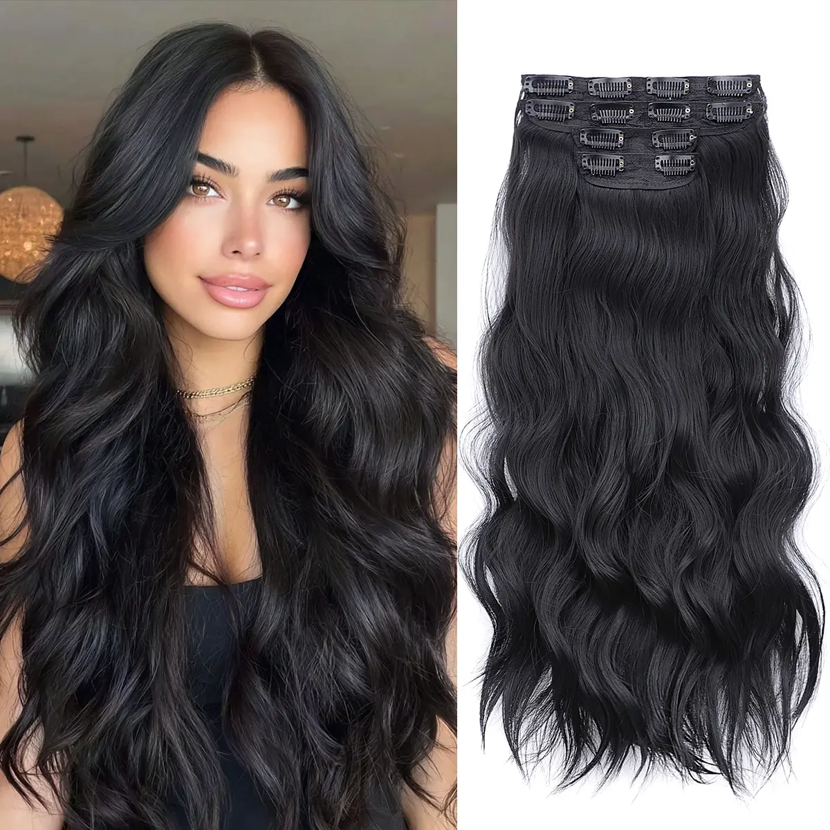 Vigorous Women's Clip-in Weft Hair Extensions - Bouncy Right Wavy Synthetic Pieces, Easy-to-Wear DIY, Wavy Full Look with Softness-Adding Texture for Daily Use & Event Parties