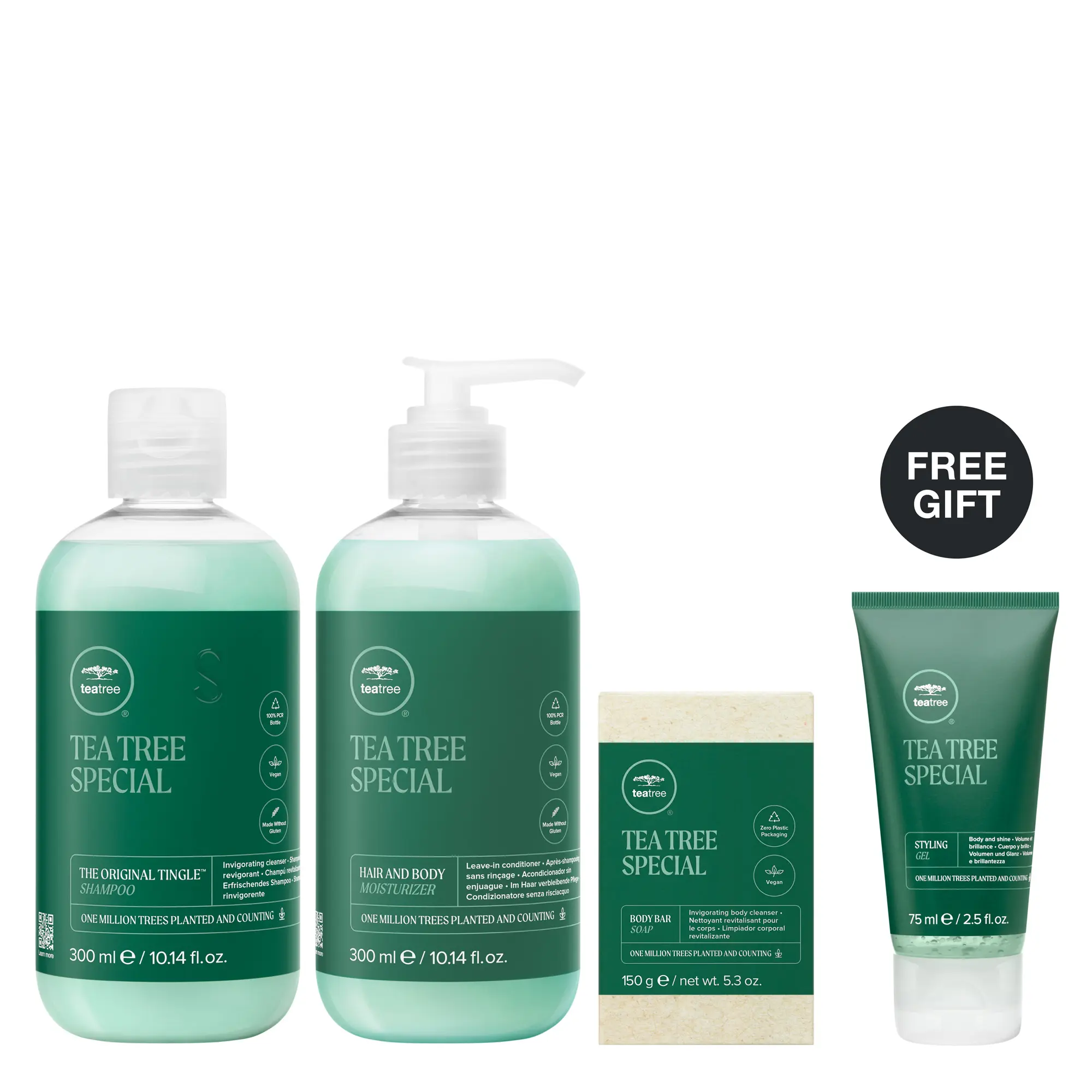 The Complete Men’s Regimen – Tea Tree Special Shampoo, Body Bar Soap, Hair and Body Moisturizer with FREE Hair Gel*